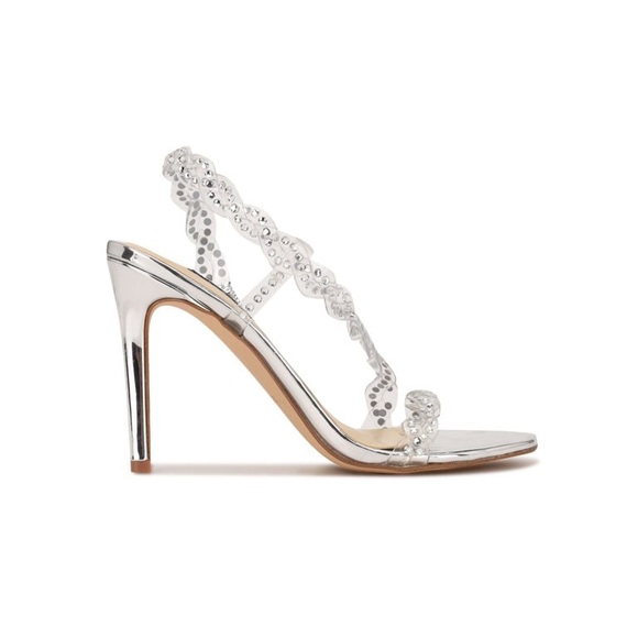 NINE WEST Illusion Dress Sandals - silver; clear strap rhinestone heels - Picture 5 of 5